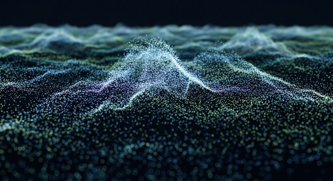 Abstract digital landscape of glowing particles forming waves and peaks on a dark background. - Powered by Adobe