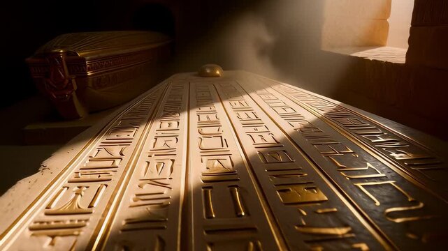 Cinematic 3D animation of a golden sphere rolling over an engraved sarcophagus inside an ancient Egyptian tomb, illuminated by volumetric sunlight beams for archaeology and mystery concepts