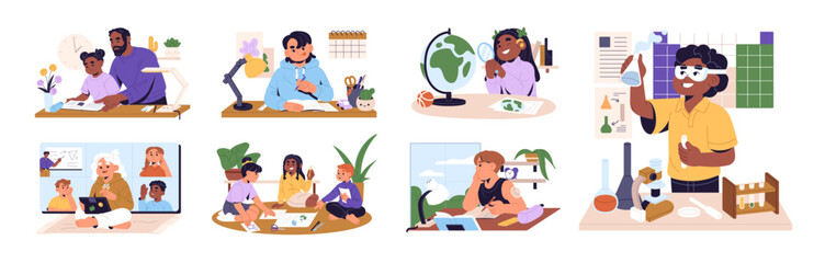 Set of learning children. Kids study with books. Parents help pupils to do homework. School friends do research together. Online education by video call. Flat isolated vector illustrations on white.