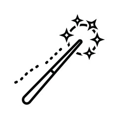 Black outline magic wand with sparkling stars and dotted trail sparkle