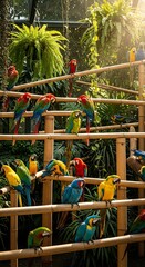 Fototapeta premium A Vibrant Flock of Colorful Macaw Parrots Perched on Bamboo.
