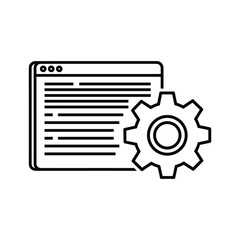 Black outline of a computer window with text and a gear cogwheel settings