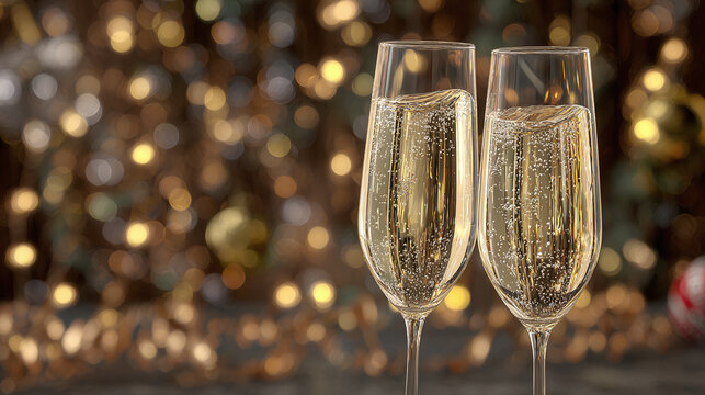 Two elegant champagne flutes filled with sparkling bubbly, perfect for a celebration, set against a blurred background of festive lights