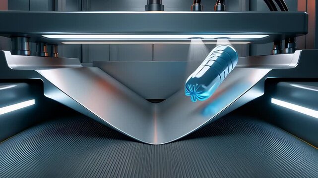 Blue plastic bottles moving on a conveyor belt inside an automated sorting machine in a seamless 3D animation, illustrating recycling process efficiency and waste management.
