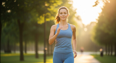 Woman jogging in park during sunset, showcasing fitness and vitality