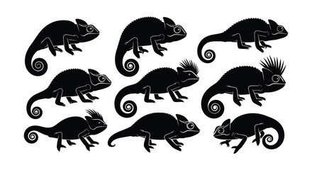 Black silhouettes of chameleons in various poses and arrangements