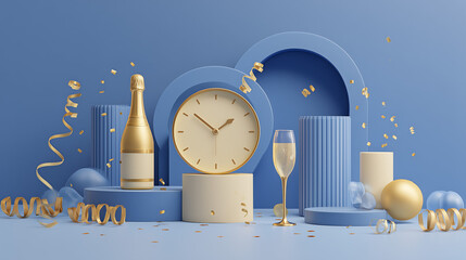 Minimalistyczne złoto&ndash;niebieskie tło sylwestrowe z elementami świętowania