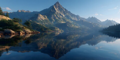 Scenic mountain landscape with a tranquil lake reflecting towe peaks and lush greenery under clear blue sky du daytime