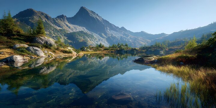Serene mountain landscape with calm lake reflecting rugged peaks and lush green forests under clear blue sky in a tranquil natural setting
