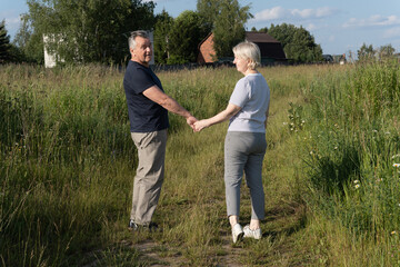 Elderly couple holding hands and walking on a grassy path, spending time together in nature on a sunny day