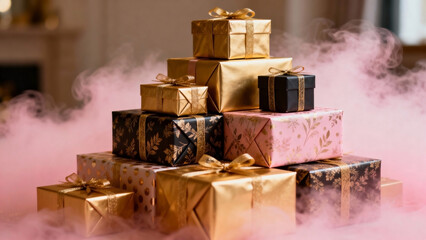 Assorted gift boxes arranged in a pyramid on pink background