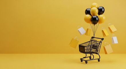 Celebrate Retail Therapy with a Fun Shopping Spree and Stylish Bags, Yellow and Black Balloons Add a Festive Touch to Your Next Ecommerce Campaign