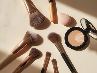 A collection of makeup tools including cosmetic brushes, blush, eyeshadow, and beauty accessories neatly arranged. Aesthetic beauty and self-care concept.