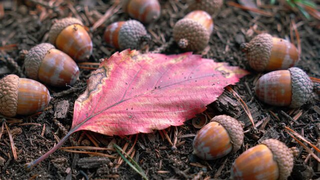 Autumn scene featuring acorns and red leaf on ground, a nature background.