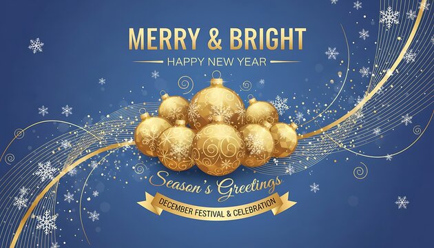 Merry and bright festive christmas ornaments and snowflakes on blue background
