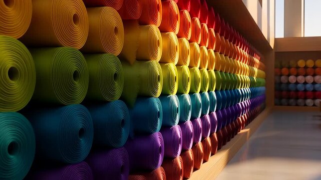 Vibrant rolls of colorful fabric stacked in a spectrum on store shelves, illuminated by warm sunlight in a cinematic 3D animation background.