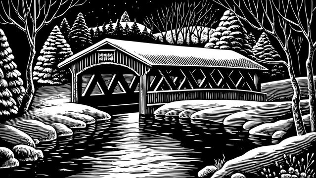 snowy wooden bridge crossing over a calm winter river black and white sketch, creating a picturesque Christmas 2026 countryside scene