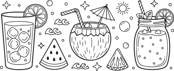 Summer Sips & Sunshine: A Playful Line Art Collection of Tropical Drinks and Fresh Fruit