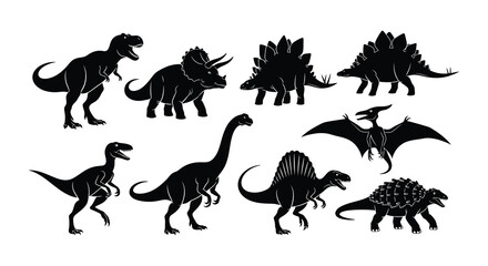 A collection of prehistoric dinosaur silhouettes in a simple black and white design © MdNirob
