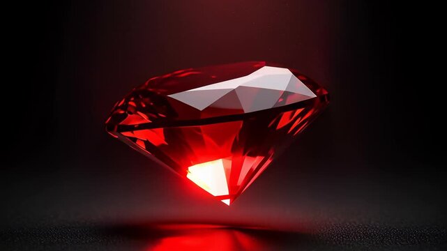 Brilliant red ruby gemstone rotating seamlessly with dramatic sparkles on a dark background, illustrating luxury jewelry and wealth concepts in a cinematic 3D animation.