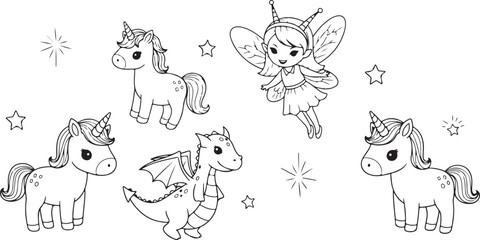 Whimsical Fantasy Friends: Cute Unicorns, Baby Dragon, and Enchanted Fairy