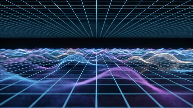 Abstract technological background displaying subtle, undulating waves of light passing across an infinite digital grid structure visualization, high tech, dynamic
