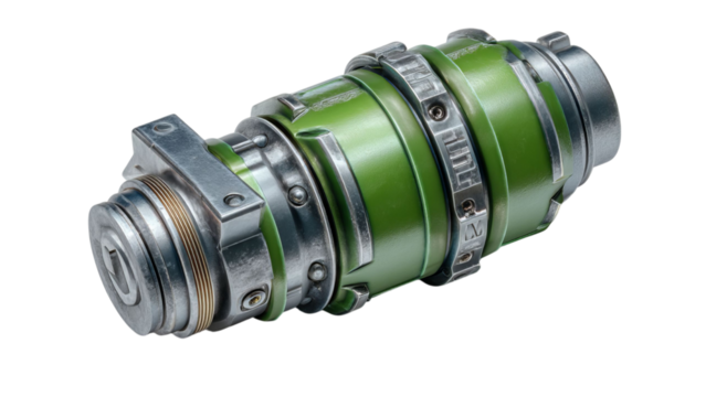 PNG of Close-up of a green mechanical component with metallic accents, showcasing intricate engineering and design.