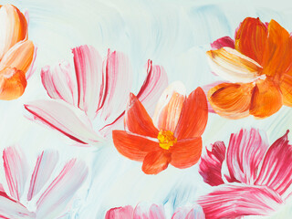 Red abstract flowers, original hand drawn, impressionism style, color texture, brush strokes of acrylic paint, art background.