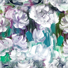 Seamless pattern of abstract flowers, original hand drawn, impressionism style, color texture, brush strokes of paint, art background.