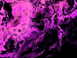 Neon pink abstract fantastic creative hand painted dark background, marble and brush texture, fantastic ocean, acrylic painting.
