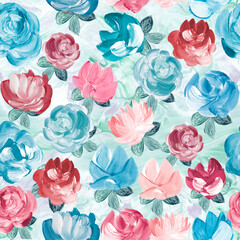 Seamless pattern of abstract blue and pink flowers, original hand drawn, impressionism style, color texture, brush strokes of paint, art background