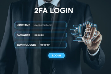 Businessman implementing Two-Factor Authentication 2FA on a virtual screen for data security