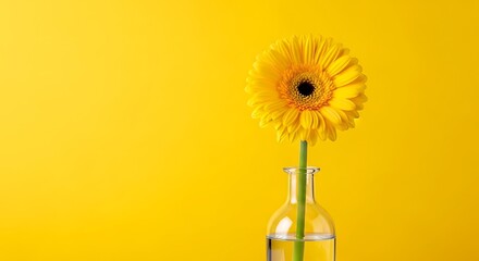 Vibrant yellow gerbera daisy in glass vase against sunny backdrop for spring designs, cheerful projects, and bright, optimistic campaigns
