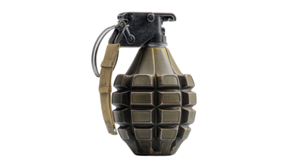 PNG of A military-style hand grenade with a textured surface, held securely, showcasing its tactical design and sturdy features.