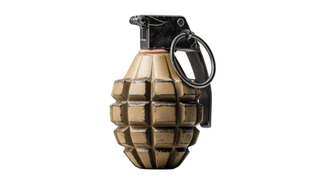 PNG of Close-up of a realistic-looking grenade, emphasizing its detailed texture and metallic parts.
