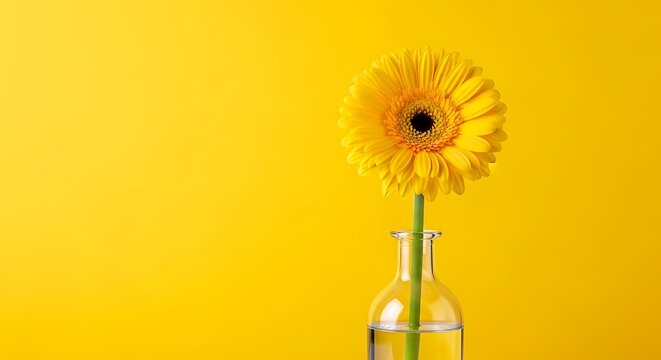 Vibrant yellow gerbera daisy in glass vase against sunny backdrop for spring designs, cheerful projects, and bright, optimistic campaigns