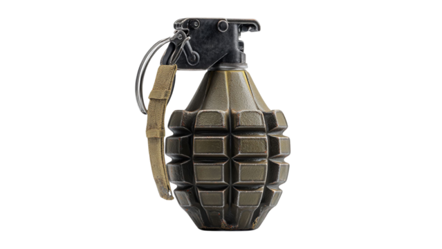 PNG of A military-style hand grenade with a textured surface, held securely, showcasing its tactical design and sturdy features.