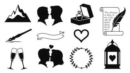 Wedding icons collection silhouette vector illustration isolated on transparent background