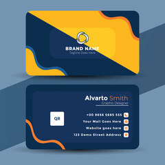 Modern business card template design with blue and yellow color scheme
