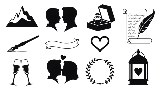 Wedding icons collection silhouette vector illustration isolated on transparent background