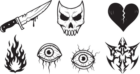 Dark Gothic Symbol Set – Skull, Knife, Broken Heart, Flame & Mystic Eyes Vector Illustration