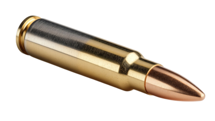 PNG of Close-up of a metallic bullet cartridge with a shiny finish and pointed tip, reflecting light beautifully.