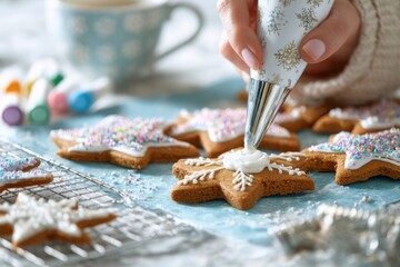 Christmas cookie baking close-up of hand piping icing on gingerbread star cookies with sprinkles and cooling rack