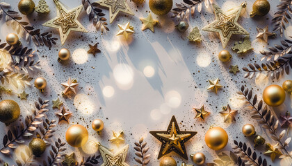 Elegant golden stars and ornaments create a festive Christmas or New Year's background design