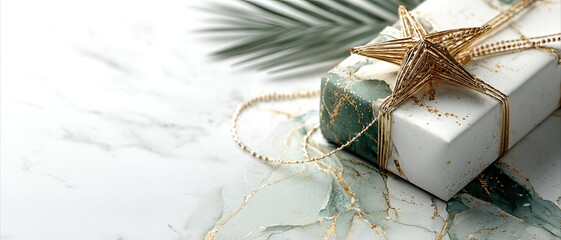 Elegant Gift Box with Gold Star Decoration on Marble Background Charming Festive Scene