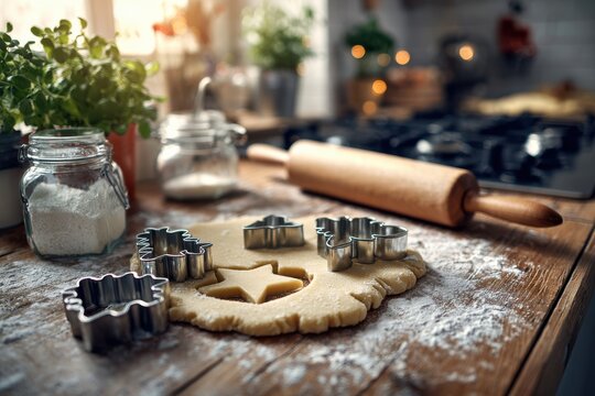 Christmas cookie baking scene with star cutter and snowflake cutters on floured wooden countertop, rolling pin, herbs and kitchen bokeh
