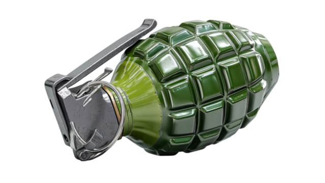 PNG of A green hand grenade with a safety pin, symbolizing military equipment and defense.