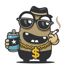 Cartoon character in sunglasses with a hat, gold chain, drink can, and cigarette. Fun flat-style illustration.