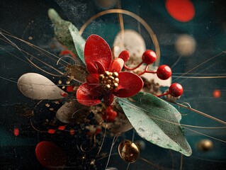 Abstract Floral Composition with Red Flowers and Green Leaves against a Dark Background