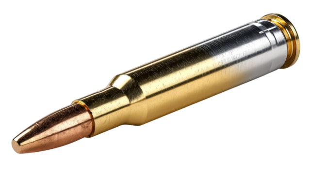 PNG of A close-up view of a shiny, brass cartridge case with a copper bullet tip, highlighting its intricate details.